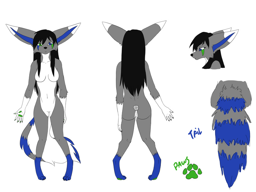 black_hair blue_fur breasts female fluffy_tail fur fursona grey_fur hair heterochromia hybrid long_hair model_sheet nude radioactive sayo solo white_fur