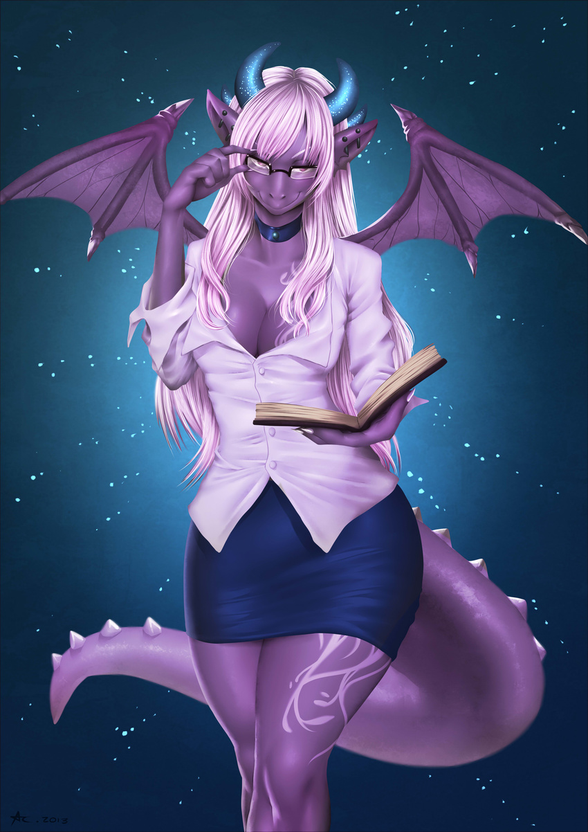 abstract_background alanscampos book breasts choker claws cleavage clothed clothing dragon ear_piercing eyewear female glasses hair hi_res horn icy_xisaru industrial_piercing long_hair looking_at_viewer piercing pink_hair purple_skin red_eyes reptile scalie shirt skirt smile solo spikes thighs white_hair wings