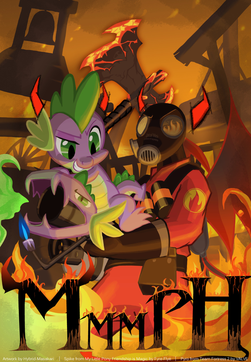 burning clothing dragon duo feral fire flames flamethrower friendship_is_magic gas_mask gloves green_eyes gun horn human hybrid-masakari mahsira male mammal my_little_pony open_mouth pyro_(team_fortress_2) ranged_weapon scalie smile spike_(mlp) team_fortress_2 teeth text weapon