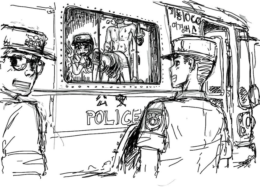 1girl 3boys all_fours bent_over blush bus clothed_female_nude_male clothed_male_nude_male doggy_style doggystyle from_behind glasses gogocherry korean looking_at_viewer looking_back miniskirt motor_vehicle multiple_boys nude police police_man police_uniform police_woman policeman policewoman riot_police skirt skirt_lift smile translation_request uniform v vaginal