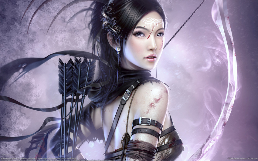 1920x1200 archer arrow blood bow_(weapon) earring earrings facial_mark highres jewelry marksman tattoo weapon