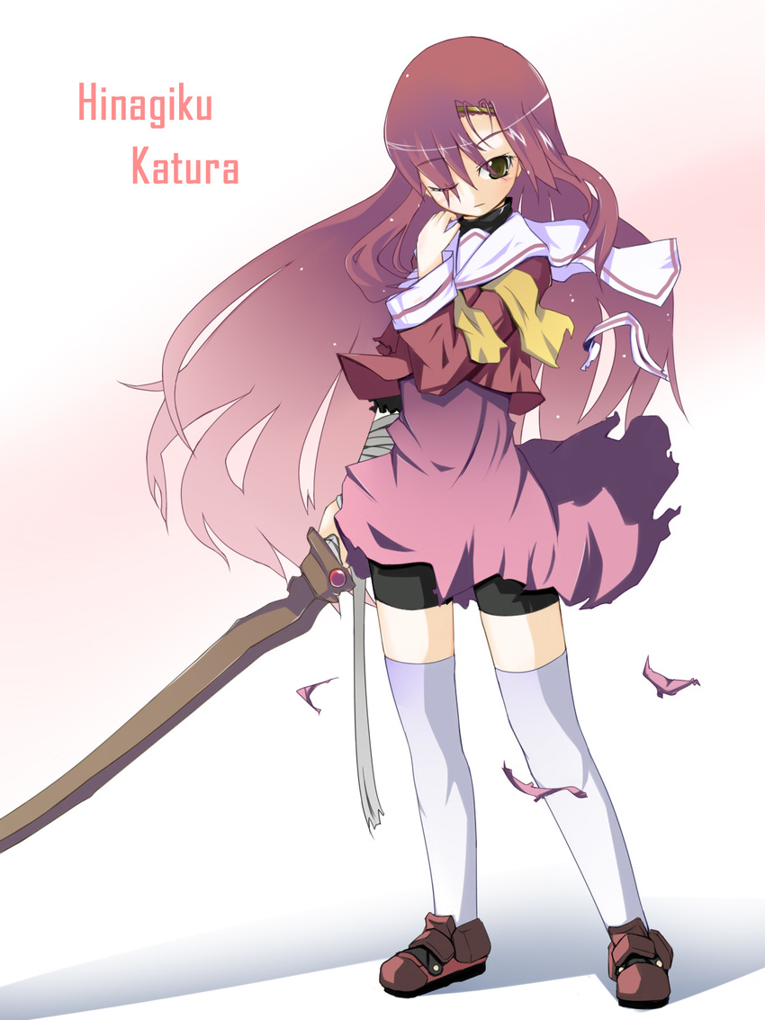 bike_shorts bokken hairband hayate_no_gotoku! highres katsura_hinagiku long_hair masamune_bokken non-web_source one_eye_closed pink_hair school_uniform serafuku solo sword thighhighs torn_clothes very_long_hair weapon wooden_sword yellow_eyes