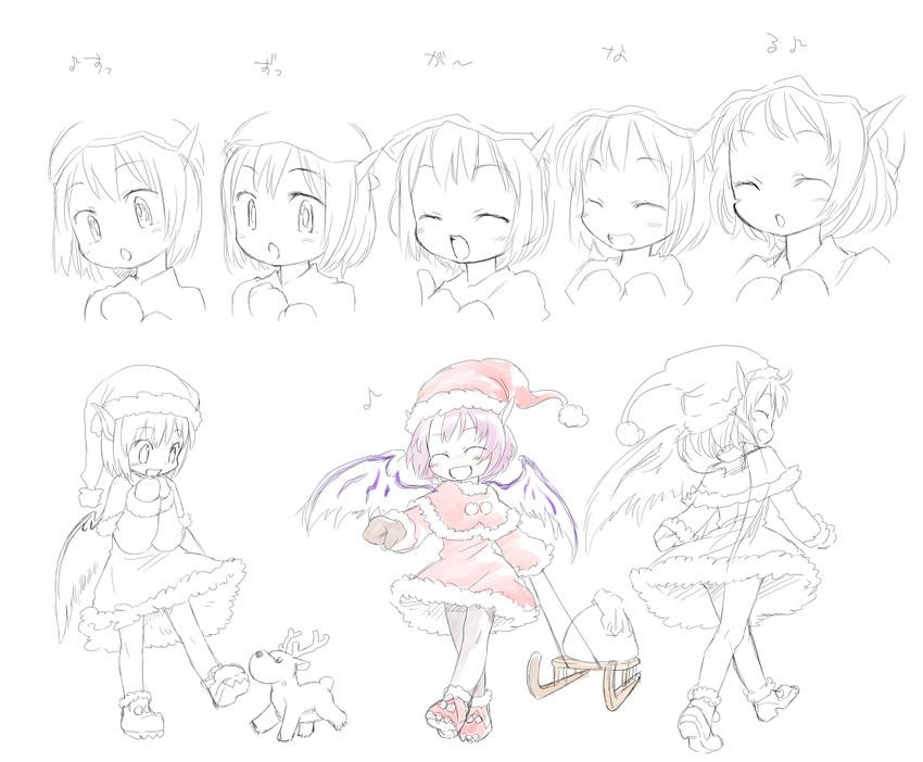 bad_id bad_pixiv_id christmas eighth_note happy kiriu music musical_note mystia_lorelei partially_colored reindeer santa_costume singing sketch sleigh touhou translated