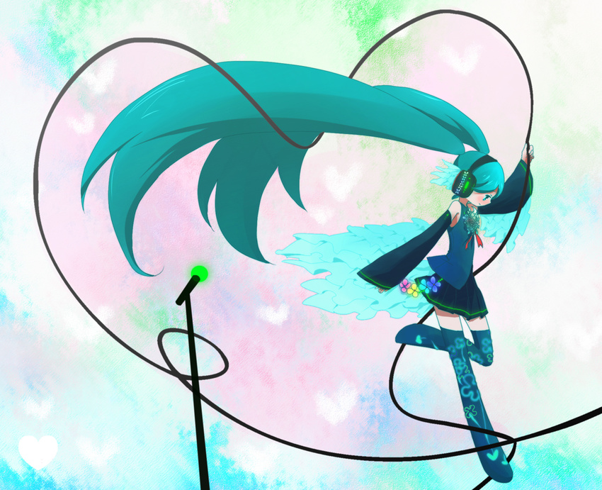 bad_id bad_pixiv_id detached_sleeves green_eyes green_hair hatsune_miku headphones heart ica long_hair microphone microphone_stand skirt solo thighhighs twintails vocaloid