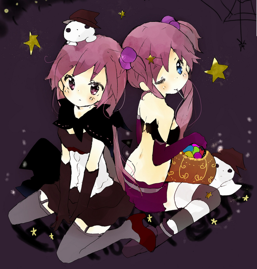 blue_eyes elbow_gloves futaki_kanata gloves halloween highres little_busters! long_hair multiple_girls purple_eyes purple_hair saigusa_haruka side_ponytail thighhighs tsukiyo_(skymint)