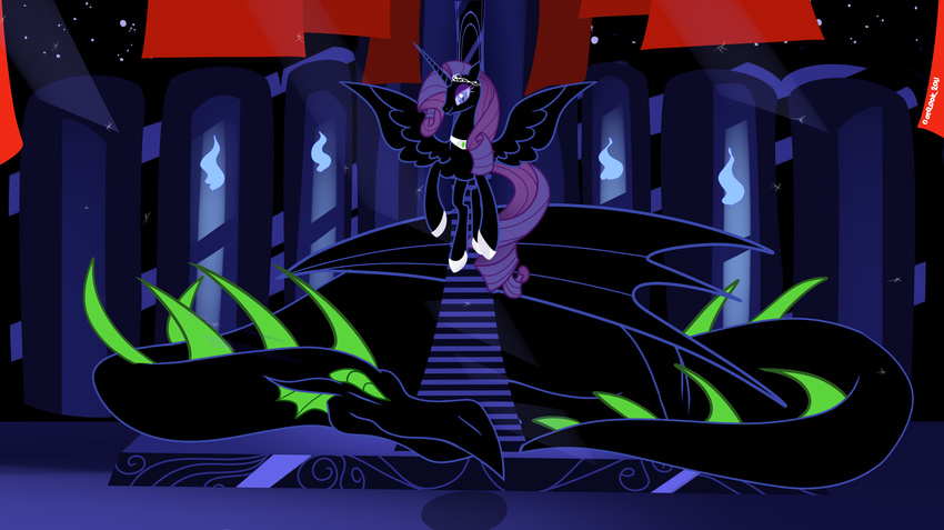 absurd_res black_fur black_scales castle corruption cutie_mark dotrook dragon duo equine female friendship_is_magic fur glowing glowing_eyes green_spines hair hi_res horn horse male mammal my_little_pony night nightmare_rarity_(mlp) outside pony purple_hair rarity_(mlp) spike_(mlp) stars winged_unicorn wings