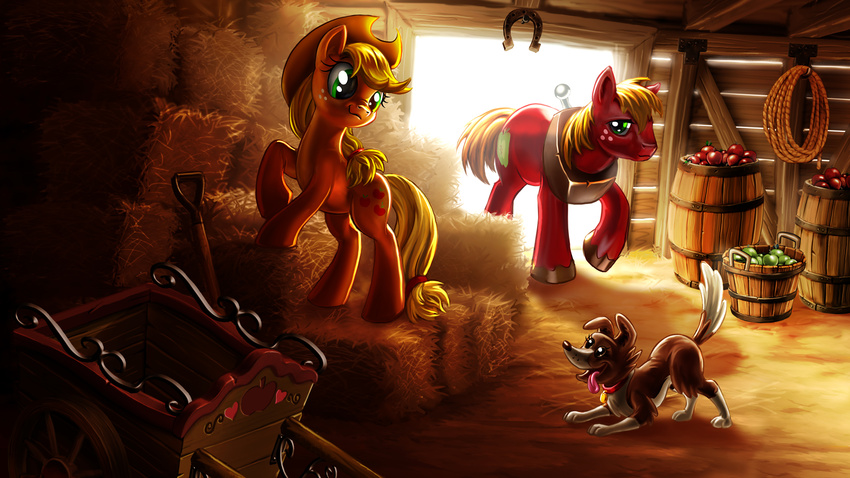 apple applejack_(mlp) barn barrel big_macintosh_(mlp) blonde_hair bucket canine collar cowboy_hat cutie_mark dog equine female feral friendship_is_magic fruit green_eyes group hair harwick hat hay hey horse horseshoe light male mammal my_little_pony pony rope tongue tongue_out wagon winona_(mlp) wood