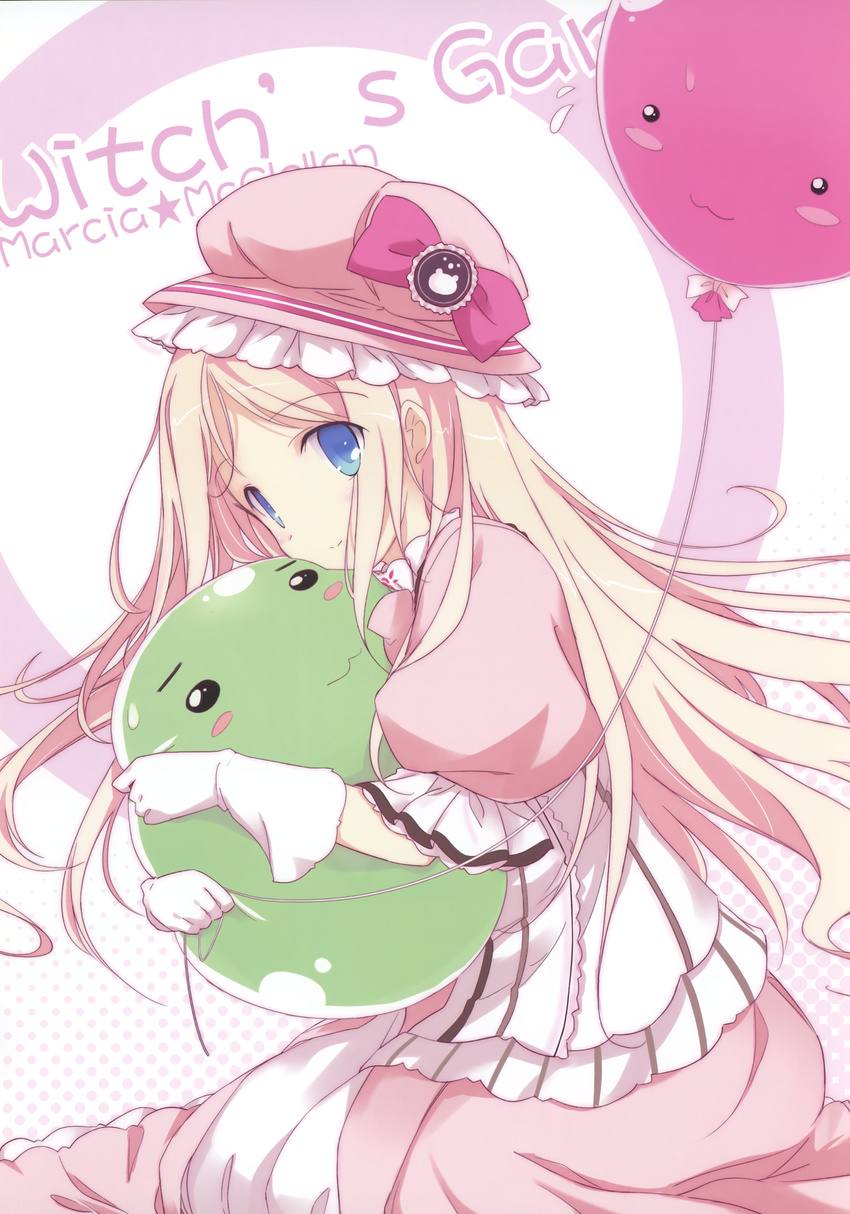 :3 absurdres balloon blonde_hair blue_eyes blush_stickers dress fujiwara_warawara gloves hat highres hug long_hair marcia_mcclellan solo tama_(happiness) white_gloves witch's_garden