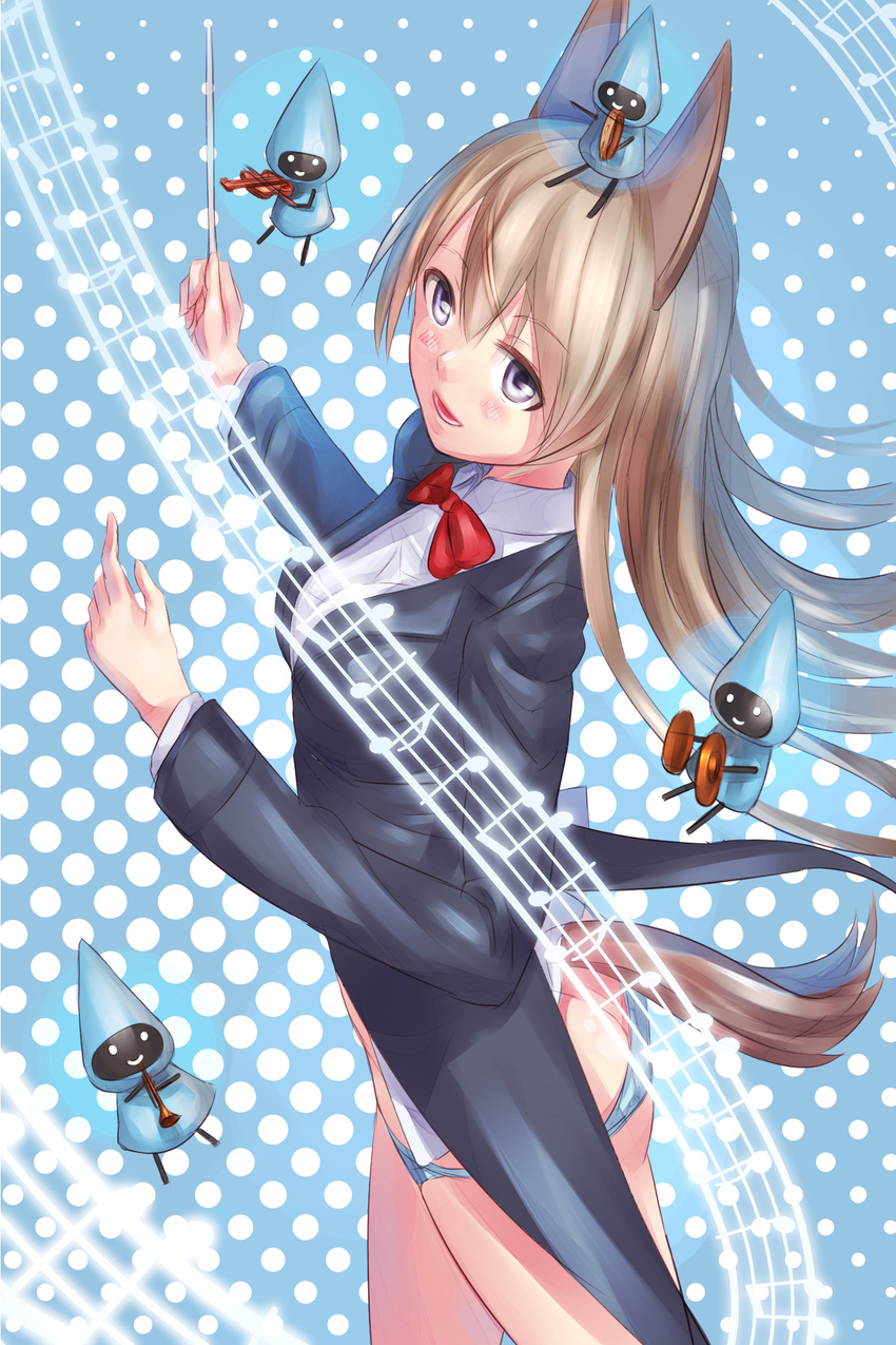 animal_ears blonde_hair blush bow bowtie cymbals eila_ilmatar_juutilainen fox_ears fox_tail highres instrument long_hair musical_note nanjyolno no_pants open_mouth panties pointer polka_dot polka_dot_background purple_eyes solo staff_(music) strike_witches tail tambourine tonttu trumpet tuxedo underwear violin world_witches_series
