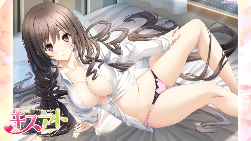 2013 absurdly_long_hair bed bed_sheet blush breasts brown_eyes brown_hair cleavage copyright_name hand_on_own_thigh highres hoshimi_tsukuyo kiss_ato_kiss_will_change_my_relation_with_you large_breasts long_hair looking_at_viewer mikoto_akemi navel panties pillarboxed pink_panties shadow shiny shiny_skin shirt smile solo thighs unbuttoned underwear very_long_hair wallpaper watermark white_shirt