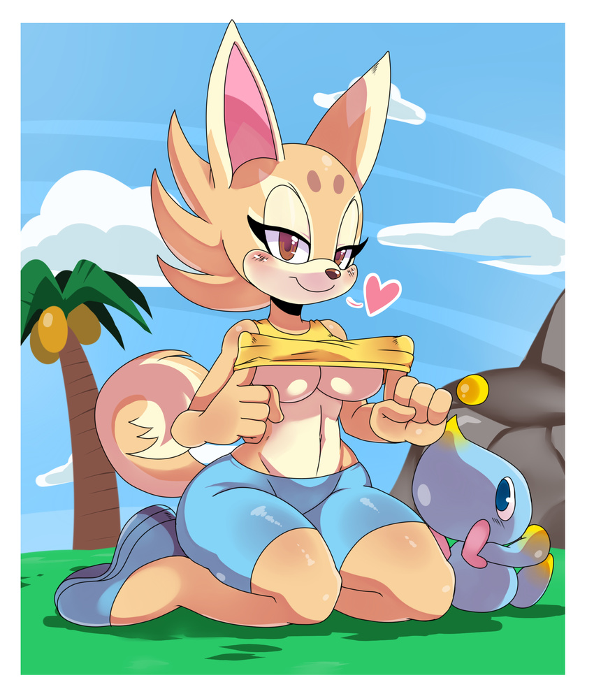 &lt;3 blush breasts brown_eyes brown_fur brown_nose canine cashew_(character) chao chao_garden clothing cloud dog female fur hair hi_res kneeling looking_at_viewer mammal navel palm_tree shirt shoes short_hair shorts sitting sky smile solo sssonic2 thick_thighs thighs tree white_fur wide_hips