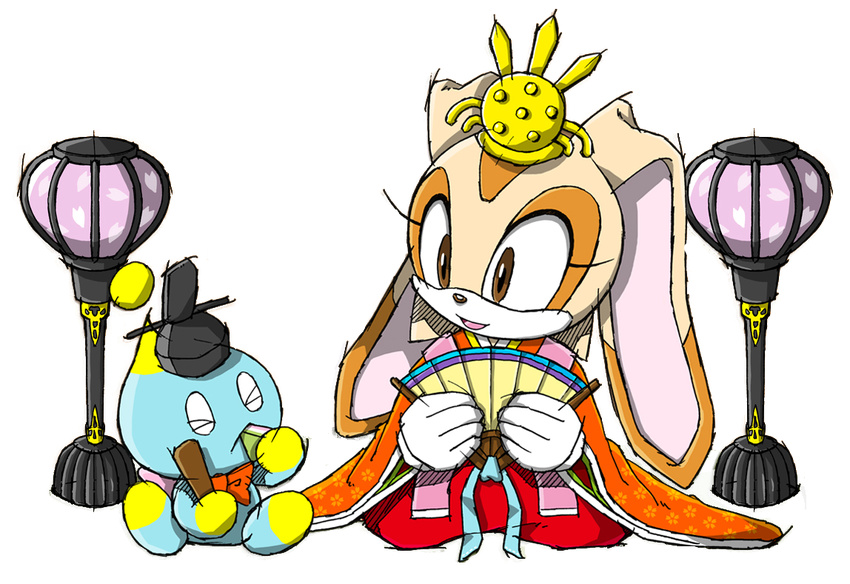 brown_eyes chao cheese_the_chao cream_the_rabbit crown fan japanese_clothes kimono official_art oficial_art sega sonic_the_hedgehog