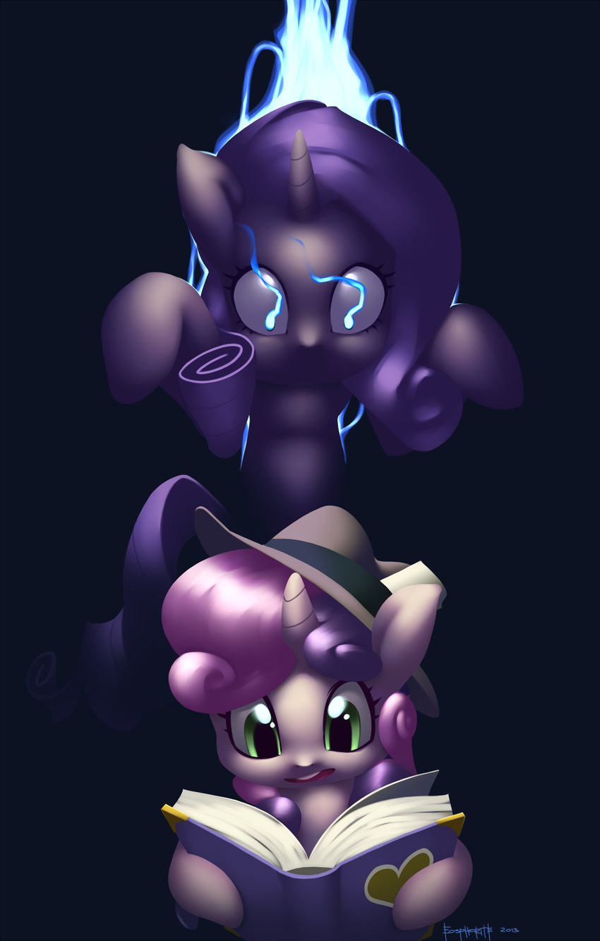 black_background blue_eyes book cub duo eosphorite equine female feral friendship_is_magic fur green_eyes hair hat horn horse mammal my_little_pony plain_background pony purple_hair rape_face rarity_(mlp) sibling sisters sweetie_belle_(mlp) two_tone_hair unicorn white_fur young