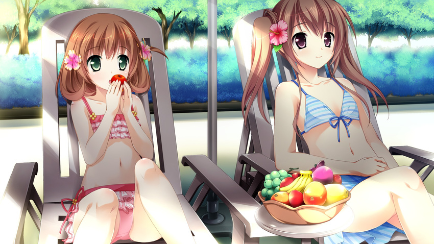 1boy 1girl apple banana blush bowl brown_hair chair crossdressing flower food fruit game_cg grape grapes green_eyes highres inui_yuki kimishima_ao mango miyama_mizuki navel otome_ga_tsumugu_koi_no_canvas otome_ga_tsumugu_koi_no_canvas_futari_no_gallery purple_eyes short_hair swimsuit trap twintails