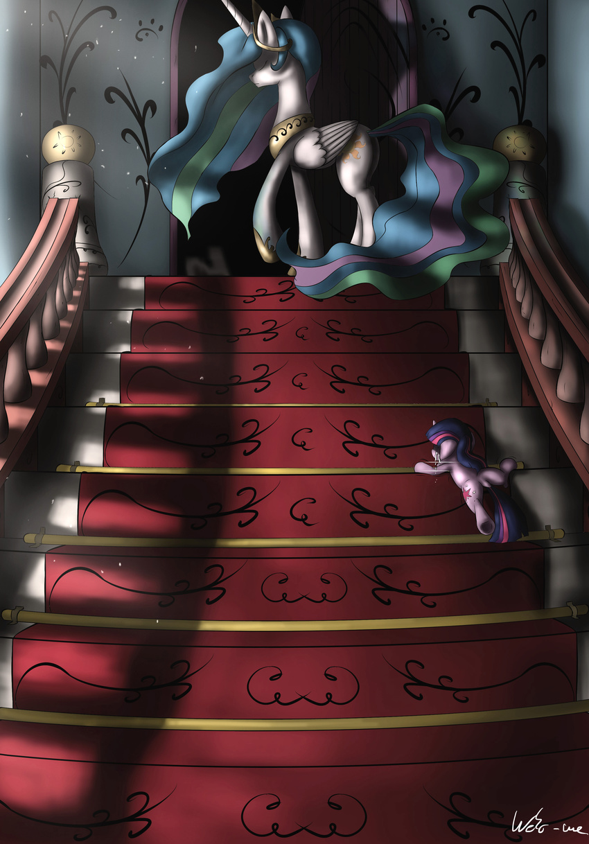 crown crying cub cutie_mark equine female feral friendship_is_magic fur hair horn horse mammal multi-colored_hair my_little_pony neko-me pony princess_celestia_(mlp) purple_fur stairs tears twilight_sparkle_(mlp) unicorn white_fur winged_unicorn wings young