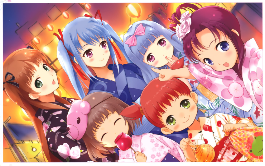 absurdres amatsuka_haruka amatsuka_nijiko amatsuka_sakura amatsuka_sora amatsuka_tsurara amatsuka_watayuki baby_princess blue_eyes blue_hair blush brown_hair eating green_eyes hairband happy highres japanese_clothes kimono long_hair mask multiple_girls ponytail purple_eyes purple_hair red_hair short_hair smile twintails wakatsuki_sana