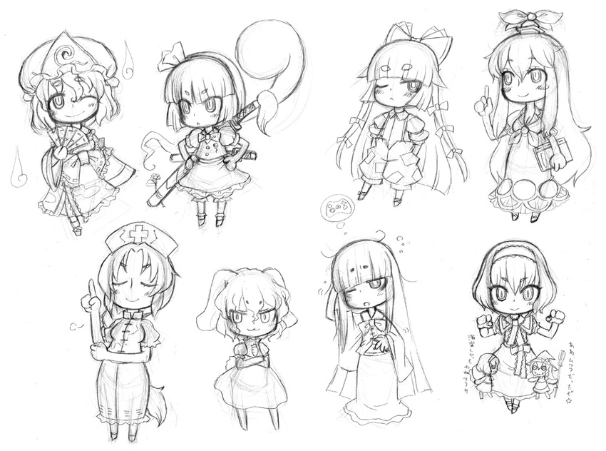 :3 alice_margatroid blush_stickers chibi closed_eyes controller fujiwara_no_mokou game_console game_controller greyscale houraisan_kaguya inaba_tewi jon_henry_nam kamishirasawa_keine kirisame_marisa konpaku_youmu konpaku_youmu_(ghost) marionette monochrome multiple_girls puppet saigyouji_yuyuko sketch smile touhou traditional_media xbox_360 yagokoro_eirin