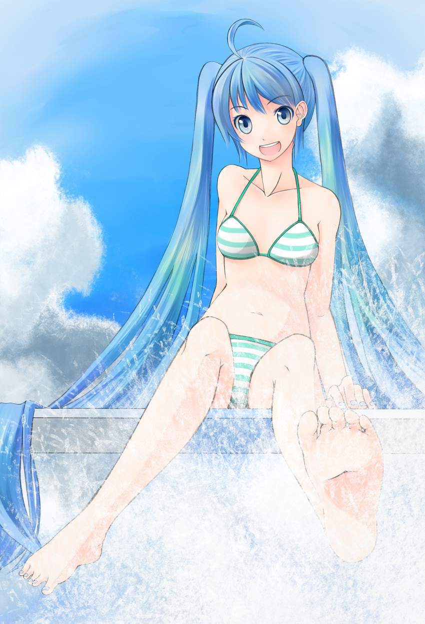 :d absurdres ahoge bad_id bad_pixiv_id barefoot bikini blue_eyes blue_hair blue_nails feet foreshortening hatsune_miku highres long_hair nail_polish navel nekobaka open_mouth sitting smile soles solo splashing spread_legs striped striped_swimsuit swimsuit toenail_polish toes twintails very_long_hair vocaloid