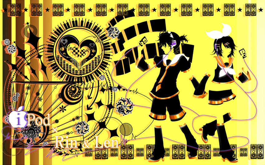 1girl apple apple_inc. brother_and_sister digital_media_player food fruit hair_ornament hairclip headphones heart ipod ipod_ad kagamine_len kagamine_rin kneehighs musical_note siblings silhouette socks tubakinokubi twins vocaloid