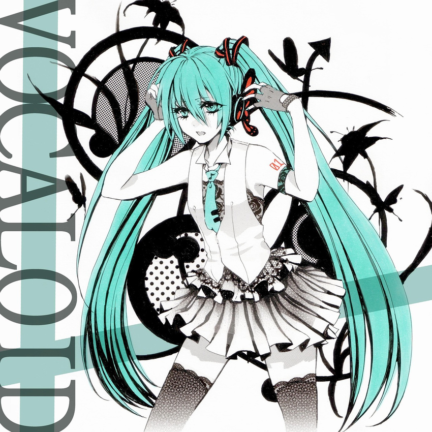 aqua_eyes aqua_hair arms_up bad_id bad_pixiv_id fingerless_gloves gloves hatsune_miku headphones highres lace lace-trimmed_thighhighs long_hair monochrome nakiko necktie open_mouth skirt solo spot_color thighhighs twintails very_long_hair vocaloid