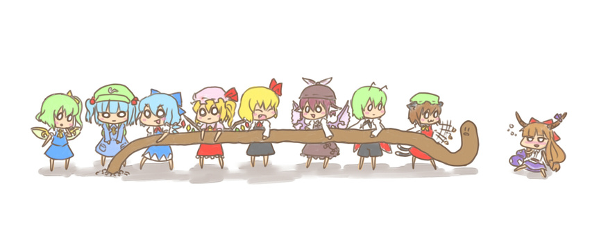 :3 animal_ears antennae ascot bad_id bad_pixiv_id barefoot blonde_hair blue_hair blush_stickers bow brown_hair cape cat_ears cat_tail chen cirno closed_eyes crossover daiyousei diglett dress drunk fairy_wings fang flandre_scarlet gem gen_1_pokemon green_hair hair_bobbles hair_bow hair_ornament hat hat_bow highres hima_(mizu_ni_tsuyoi) horn_ribbon horns ibuki_suika ice kawashiro_nitori key long_hair multiple_girls multiple_tails mystia_lorelei o_o open_mouth pokemon pokemon_(creature) red_hair ribbon rumia shadow short_hair side_ponytail simple_background sitting tail team_9 touhou twintails two_side_up wings wriggle_nightbug