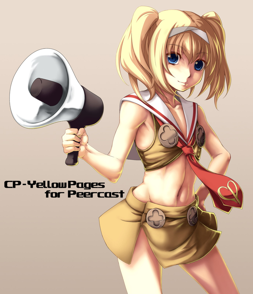 bangs bare_arms blonde_hair blue_eyes collarbone copyright_request cowboy_shot eyebrows_visible_through_hair hair_between_eyes highres looking_at_viewer megaphone midriff nanamiso navel short_hair sleeveless solo twintails