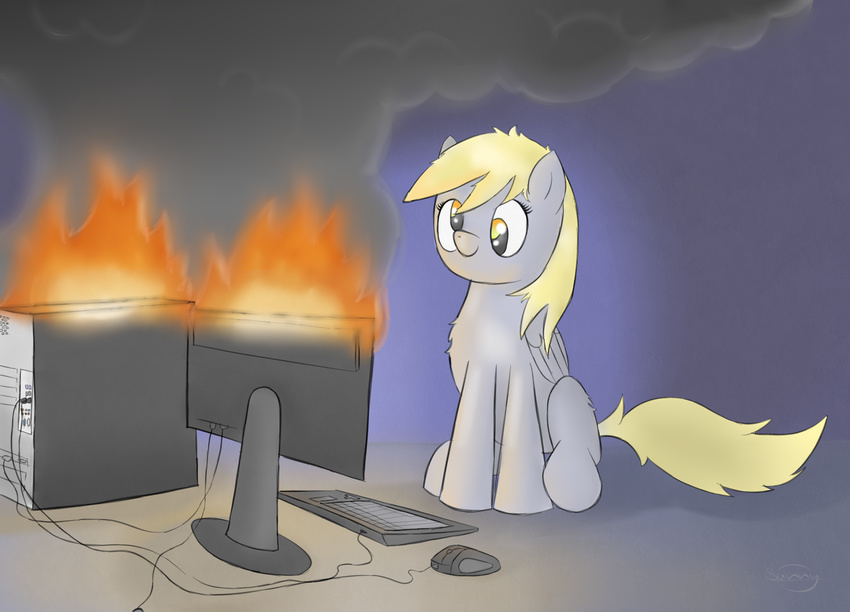 blonde_hair computer cutie_mark derpy_hooves_(mlp) equine female feral fire flames friendship_is_magic fur grey_fur hair horse keyboard keyboard_(computer) long_hair mammal monitor my_little_pony pegasus pony sitting smile smoke solo sunset-haste wings yellow_eyes