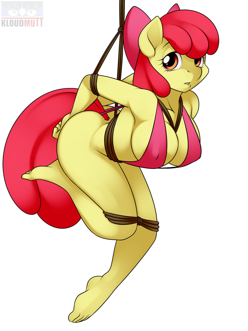 amber_eyes anthro anthrofied apple_bloom_(mlp) bdsm big_breasts biting_lip bondage bound bow bra breasts cleavage clothed clothing equine female friendship_is_magic fur hair hanging horse kloudmutt lip_bite looking_at_viewer mammal my_little_pony nipples plain_background pony red_hair rope skimpy solo swimsuit underwear white_background yellow_fur