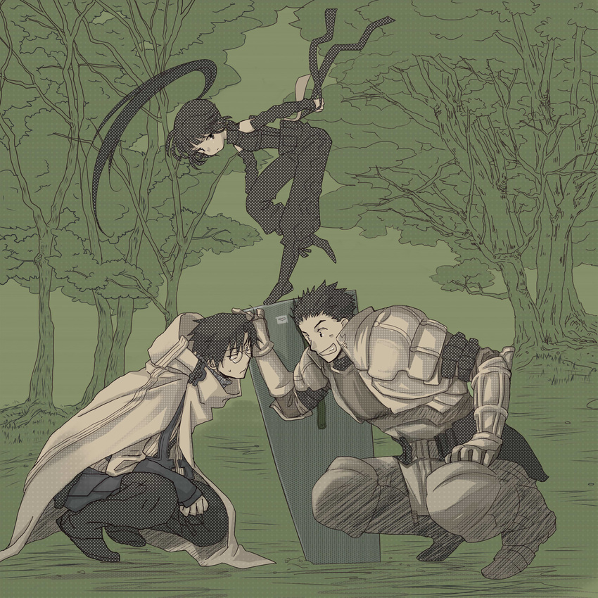 2boys akatsuki_(log_horizon) armor black_hair blue_hair detached_sleeves highres log_horizon long_hair monochrome multiple_boys naotsugu_(log_horizon) ponytail robe shield shiroe short_hair sketch squatting tofu_(joka) tree