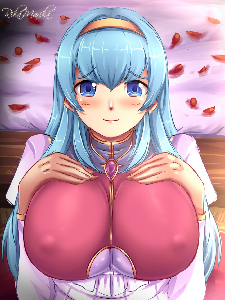 blue_eyes blue_hair blush breast_hold breasts dress estpolis_denki hair_ornament headband highres huge_breasts large_breasts long_hair lufia rikamarika smile tia