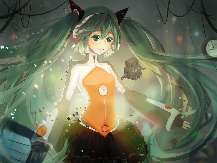 bad_id bad_pixiv_id clock fingerless_gloves gloves green_eyes green_hair hatsune_miku headphones long_hair mavis odds_&amp;_ends_(vocaloid) project_diva_(series) project_diva_f robot smile solo twintails very_long_hair vocaloid