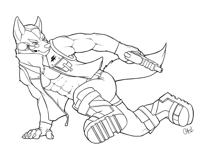 anthro belt biceps boots canine claws clothing dissimulated footwear fox fox_mccloud fur gloves gun jacket male mammal microphone muscles nintendo open_shirt pants pecs pose ranged_weapon shirt sketch solo star_fox toned video_games weapon