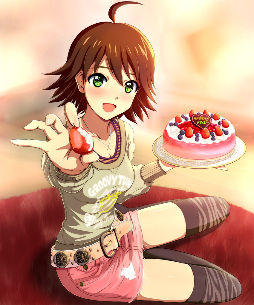 :d ahoge alternate_color alternate_hair_color alternate_hairstyle awakened_miki belt birthday_cake breasts brown_hair brown_legwear buckle cake casual clothes_writing feeding food fruit full_body green_eyes happy highres hina_(araburu-hinadori) hoshii_miki idolmaster idolmaster_(classic) jewelry medium_breasts miniskirt necklace open_mouth pink_skirt short_sleeves sitting skirt smile strawberry thighhighs yokozuwari