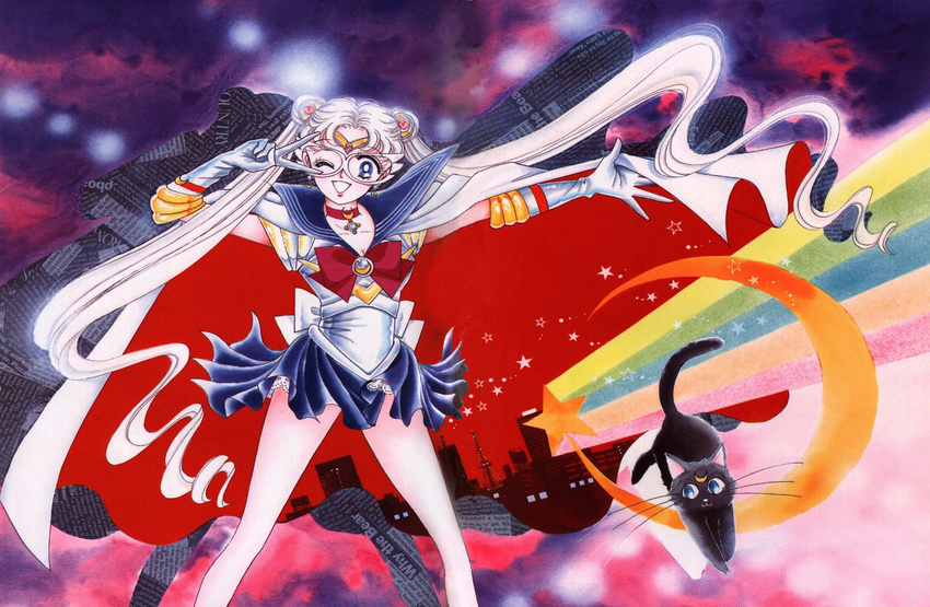 90s ;) back_bow bare_legs bishoujo_senshi_sailor_moon black_cat blonde_hair blue_eyes blue_sailor_collar blue_skirt bow cat choker concept_art double_bun earrings elbow_gloves gloves hair_ornament jewelry long_hair luna_(sailor_moon) magical_girl mask one_eye_closed red_bow red_choker sailor_collar sailor_moon sailor_senshi_uniform skirt smile solo takeuchi_naoko tsukino_usagi twintails v_over_eye white_gloves