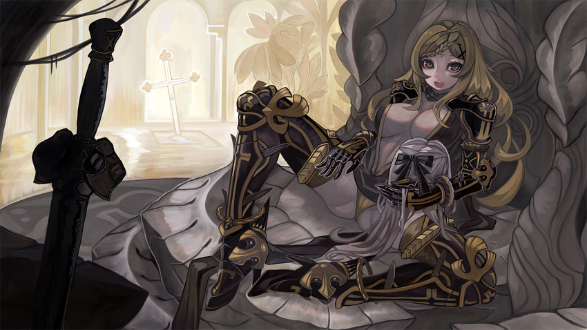 1girl armor blonde_hair breasts center_opening cleavage death_is_13 drag-on_dragoon drag-on_dragoon_3 dress five_(drag-on_dragoon) high_heels large_breasts long_hair lying navel open_mouth panties severed_head sitting spread_legs sword underwear weapon yellow_eyes yellow_panties