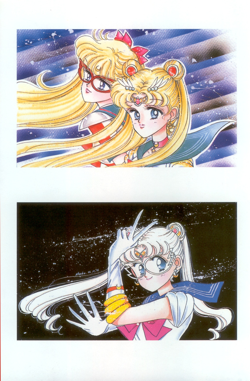 90s aino_minako bishoujo_senshi_sailor_moon blonde_hair blue_eyes blue_sailor_collar bow choker concept_art elbow_gloves gloves hair_bow hair_ornament highres long_hair magical_girl mask multiple_girls phonecard red_bow red_choker sailor_collar sailor_moon sailor_senshi_uniform sailor_v shoulder_pads takeuchi_naoko tiara tsukino_usagi v white_choker white_gloves