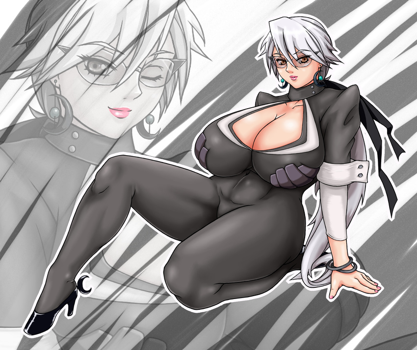 1girl basquash! breasts cleavage earrings grey_hair haruka_gracia high_heels highres huge_breasts jewelry ponytail skin_tight smile solo sugata_(artist) sunglasses zoom_layer