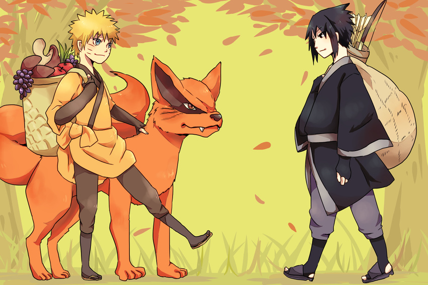 autumn bow_(weapon) food fruit japanese_clothes kurama_(naruto) naruto naruto_shippuden o96ap uchiha_sasuke uzumaki_naruto weapon