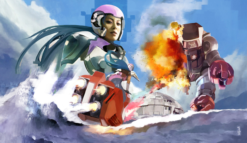 asian battle blue_hair bodysuit burning_force cloud damaged daniel_oduber day dual_persona explosion firing ground_vehicle helmet hover_bike landship lips long_hair looking_at_viewer mecha military military_vehicle motor_vehicle mountain pilot pilot_suit realistic riding robot science_fiction shoulder_pads signature tank tengenji_hiromi