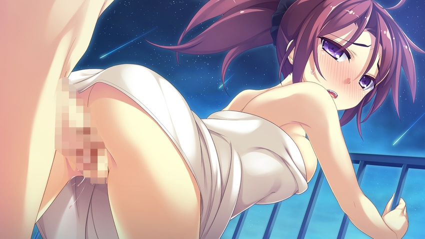 1boy 1girl akifumi blush censored game_cg heavily_censored kuraha mouri_sakura outdoors ozawa penis ponytail purple_eyes pussy ryuusei?kiseki ryuusei_kiseki sex sky unisonshift vaginal