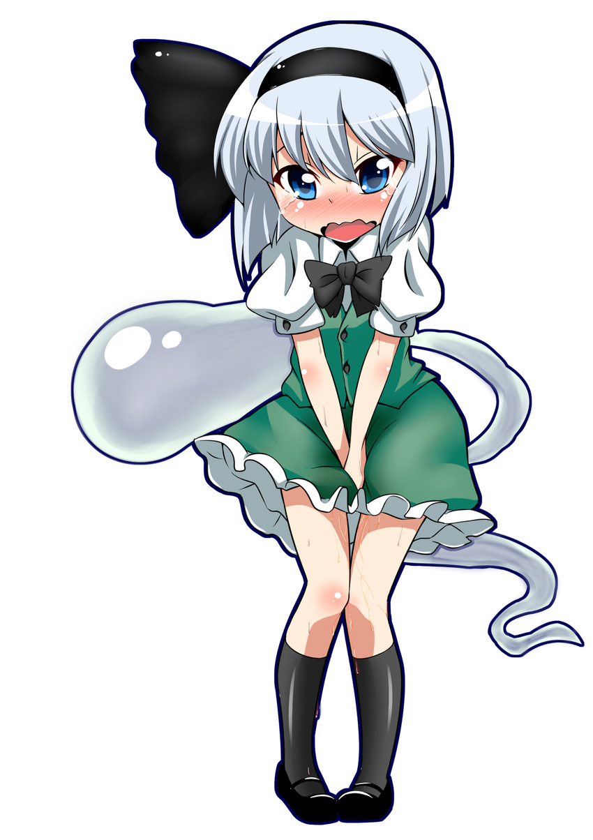 black_hairband black_legwear blue_eyes blush bob_cut bow bowtie buttons dress full_body hairband have_to_pee highres kneehighs kochouka konpaku_youmu konpaku_youmu_(ghost) legs_together mary_janes open_mouth pee peeing peeing_self pigeon-toed puffy_short_sleeves puffy_sleeves shoes short_hair short_sleeves silver_hair simple_background skirt solo standing tears thigh_gap touhou v_arms wavy_mouth white_background