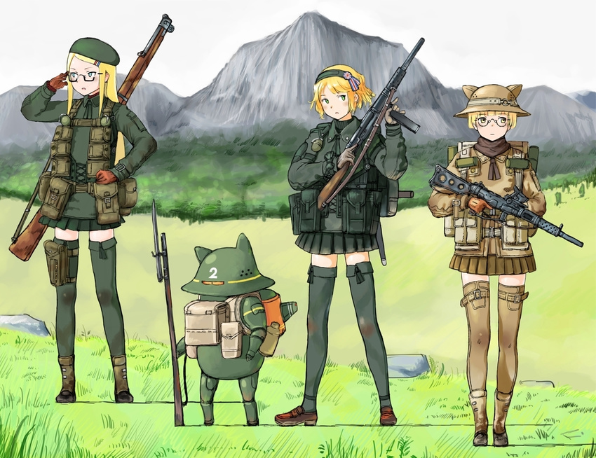 adjusting_eyewear ammunition_pouch backpack bad_id bad_pixiv_id bag bayonet beret blonde_hair british coh england explosive glasses gloves grass grenade gun hairband hat helmet lee-enfield load_bearing_equipment mars_expedition meadow military military_uniform mountain multiple_girls pouch ribbon rifle robot skirt sten_gun thighhighs uniform union_jack weapon zettai_ryouiki