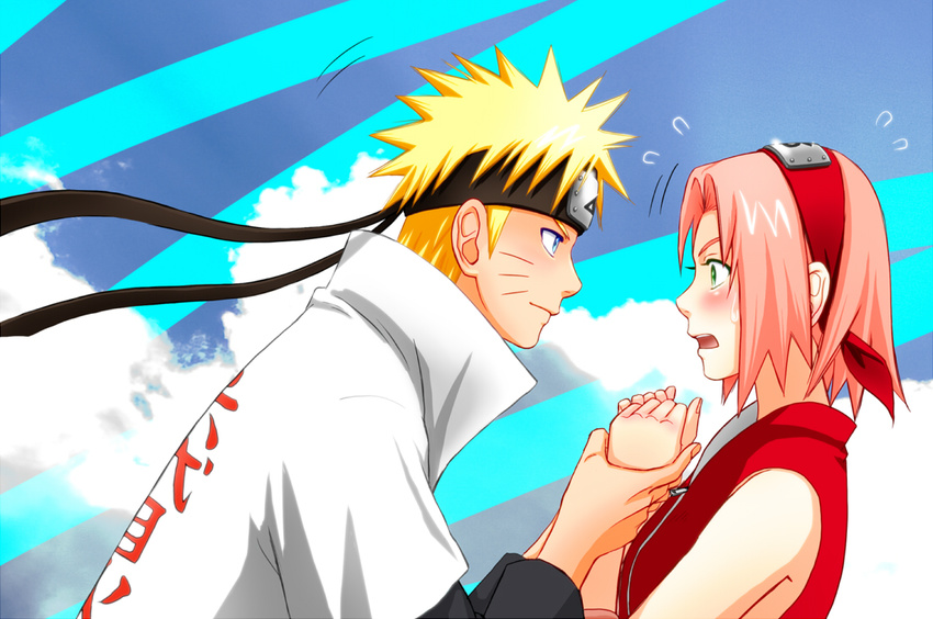 blonde_hair blue_eyes blush couple embarrassed face_markings forehead_protector green_eyes hand_holding haruno_sakura hokage kanji naruto pink_hair robe shunpuu sweatdrop uzumaki_naruto zipper