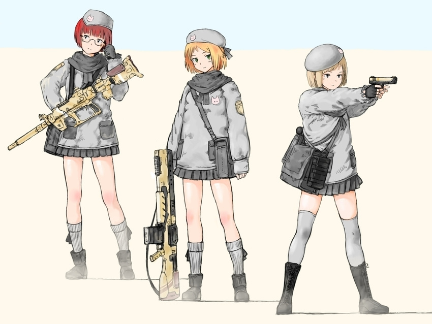 bag beret boots coh fingerless_gloves glasses gloves gun hat military military_uniform multiple_girls recycle_army red_hair scarf short_hair skirt socks uniform weapon