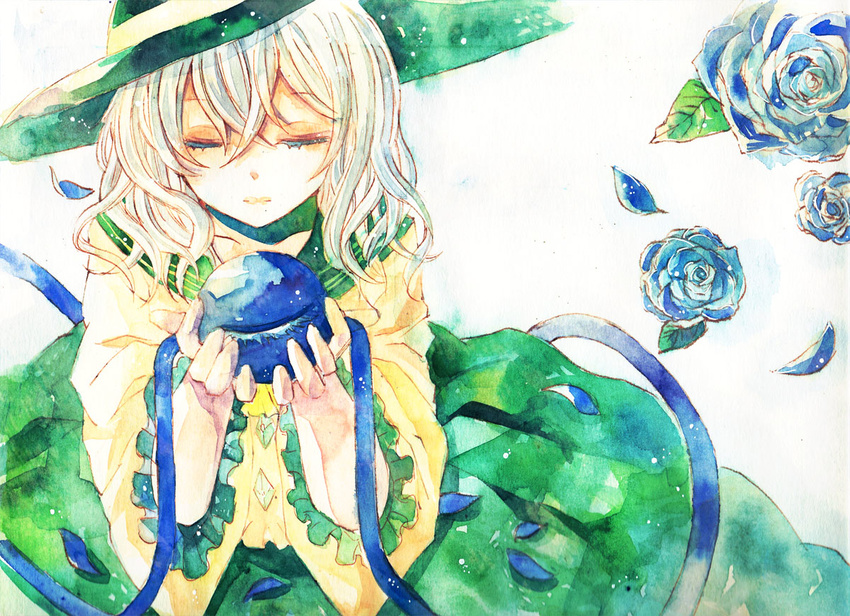 blue_flower blue_rose closed_eyes flower hat hat_ribbon komeiji_koishi petals ribbon rose shiratsuyu solo third_eye touhou traditional_media watercolor_(medium) white_hair