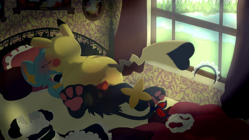 &lt;3 2017 absurd_res alternate_version_at_source anus balls bed bedroom black_fur blue_fur blush cleft_tail detailed_background duo eyes_closed felid female feral fur hi_res kissing lying male male/female male_penetrating mammal nintendo nude on_back on_bed paws penetration penis pikachu pok&eacute;mon pok&eacute;mon_(species) reverse_missionary_position sex shinx theskeleton vaginal vaginal_penetration video_games window