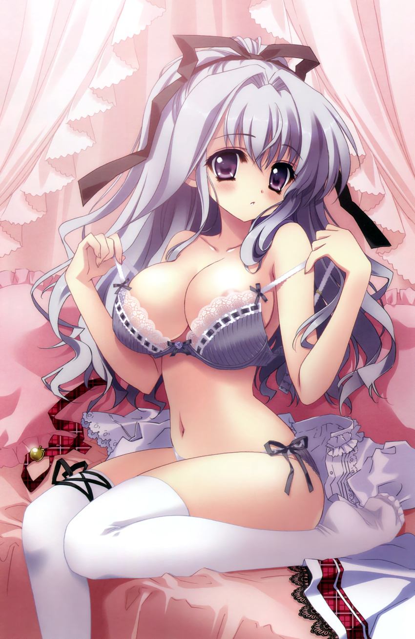 absurdres areola_slip areolae bed bra breasts cleavage cube_(alma) curtains hair_intakes highres houshou_yukino kimi_to_boku_to_eden_no_ringo large_breasts lavender_hair navel panties purple_bra purple_eyes purple_panties shirt_removed side-tie_panties sitting skirt skirt_removed thighhighs underwear underwear_only undressing white_legwear