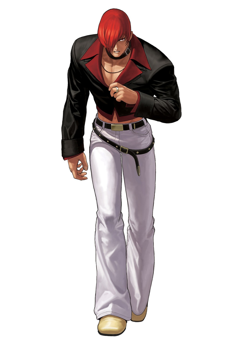 belt choker hair_over_one_eye highres jewelry male_focus midriff navel official_art ogura_eisuke red_hair ring solo the_king_of_fighters the_king_of_fighters_xii yagami_iori