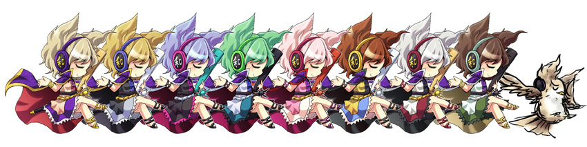 alternate_color animalization bird blonde_hair bracelet broom brown_hair cape chibi closed_eyes crossed_legs dress earmuffs green_hair grey_hair highres hopeless_masquerade jewelry lavender_hair long_image owl pink_hair puffy_short_sleeves puffy_sleeves ritual_baton sheath short_hair short_sleeves simple_background sitting skirt sleeveless smile sword touhou toyosatomimi_no_miko toyosatomimi_no_miko_(owl) weapon white_background wide_image ys_(fall)