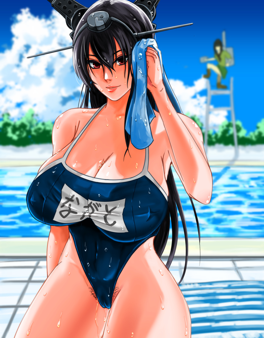 bad_id bad_pixiv_id bare_shoulders black_hair blurry breasts cameltoe competition_school_swimsuit covered_nipples depth_of_field highres huge_breasts kantai_collection kitakami_(kantai_collection) large_breasts lips long_hair looking_at_viewer nagato_(kantai_collection) noga one-piece_swimsuit pool red_eyes smile solo_focus swimsuit towel water wet